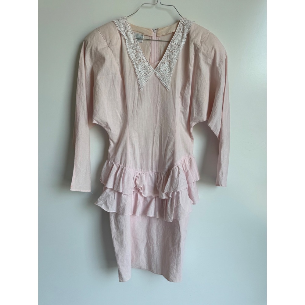 Gunne‎ Sax Jessica McClintock Vintage Pink Cotton Lace Ruffle XS Dress 80s USA